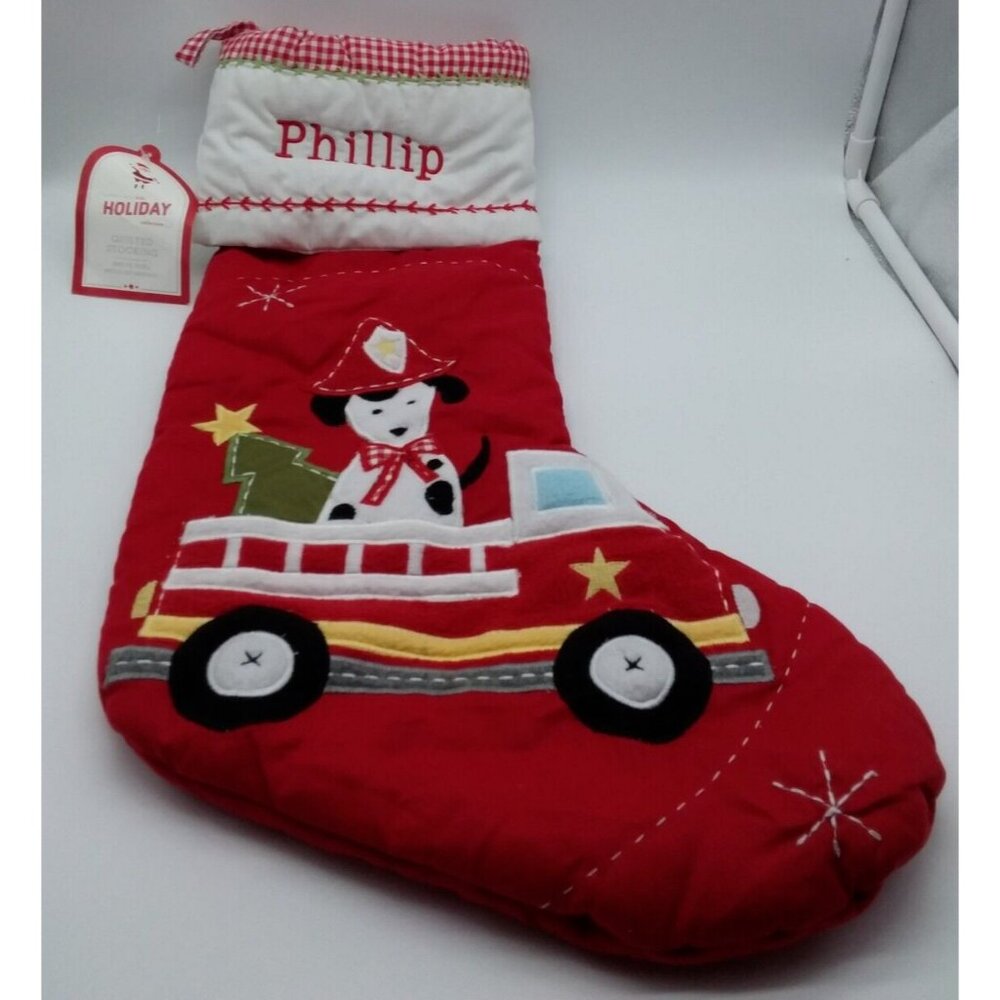 Pottery Barn Kids Phillip Christmas Stocking Fire Truck Dog Holiday Quilted